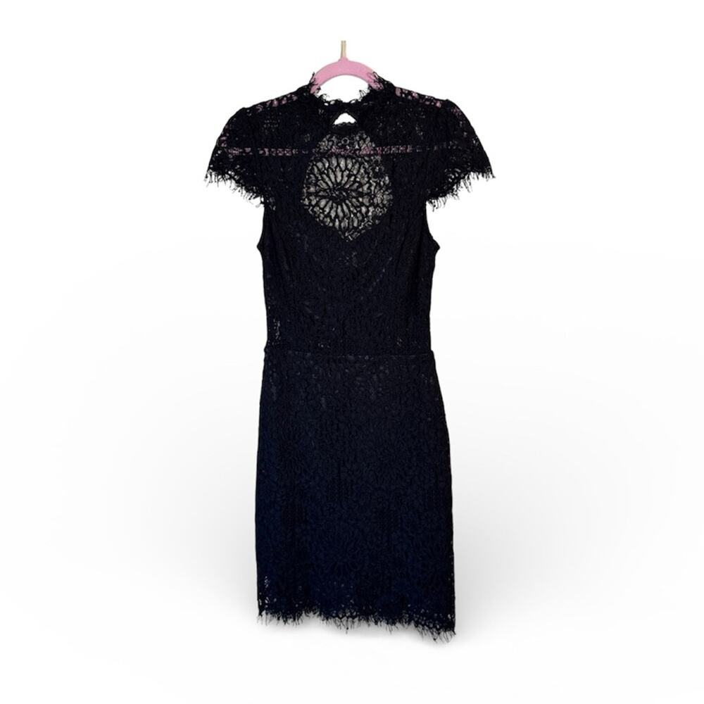 Bebe Black Lace Sheath Mini Dress Womens XS Whimsigoth Formal LBD Fringe Classic
